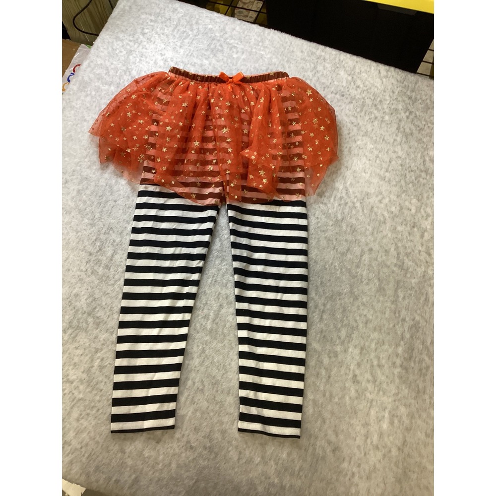 Toughskins Girls Orange Tutu Skirted Leggings Black White Stripe Star Size M 7/8